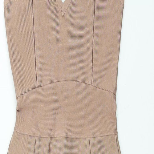Oh Polly Womens Beige Viscose Bodycon Size XS V-Neck Zip - Front Slit