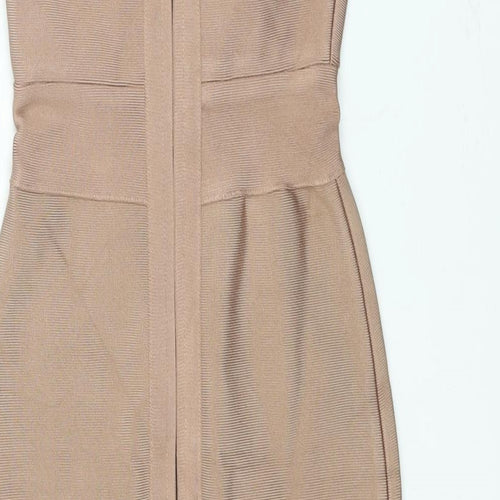 Oh Polly Womens Beige Viscose Bodycon Size XS V-Neck Zip - Front Slit