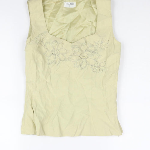 Kaliko Womens Yellow Silk Basic Blouse Size 8 Square Neck - Floral Embroidery