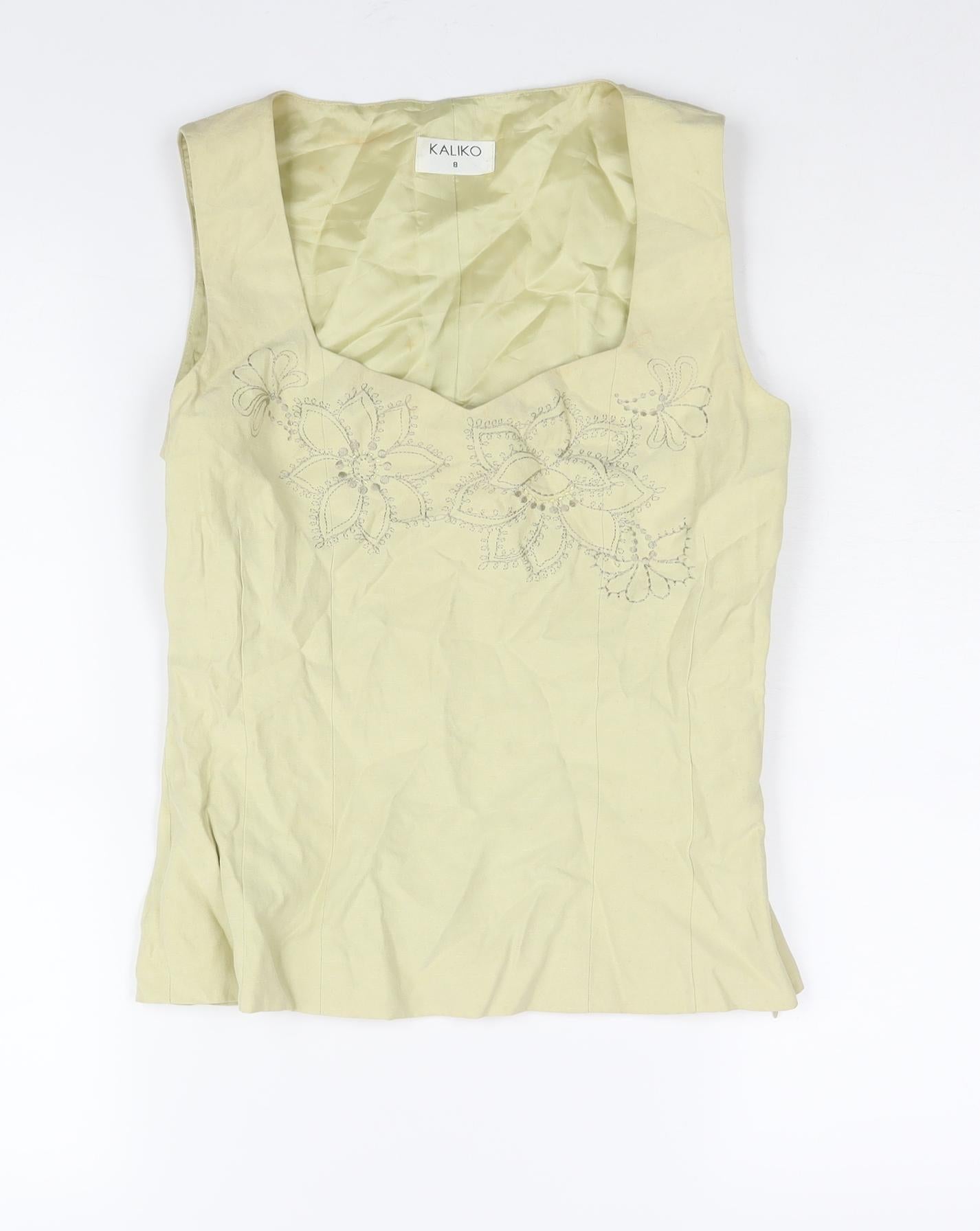 Kaliko Womens Yellow Silk Basic Blouse Size 8 Square Neck - Floral Embroidery