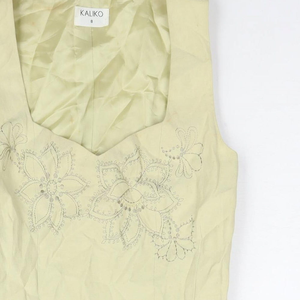 Kaliko Womens Yellow Silk Basic Blouse Size 8 Square Neck - Floral Embroidery