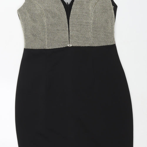 Explosion Womens Black Cotton Pencil Dress Size 14 Round Neck Zip - Gold Chainmail Bodice Mesh V Neck