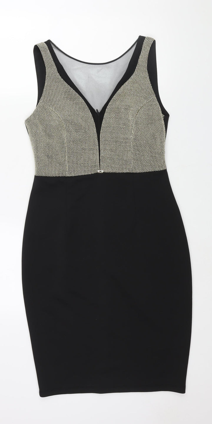 Explosion Womens Black Cotton Pencil Dress Size 14 Round Neck Zip - Gold Chainmail Bodice Mesh V Neck