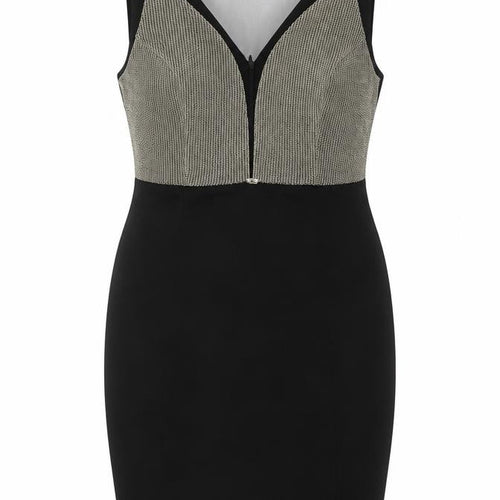 Explosion Womens Black Cotton Pencil Dress Size 14 Round Neck Zip - Gold Chainmail Bodice Mesh V Neck