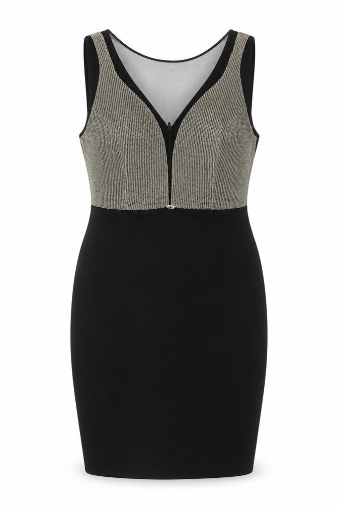 Explosion Womens Black Cotton Pencil Dress Size 14 Round Neck Zip - Gold Chainmail Bodice Mesh V Neck