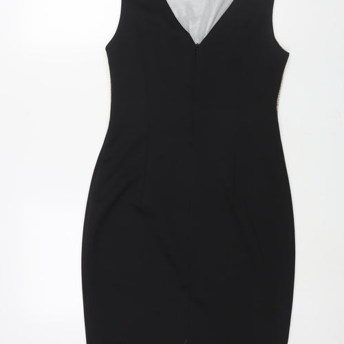Explosion Womens Black Cotton Pencil Dress Size 14 Round Neck Zip - Gold Chainmail Bodice Mesh V Neck