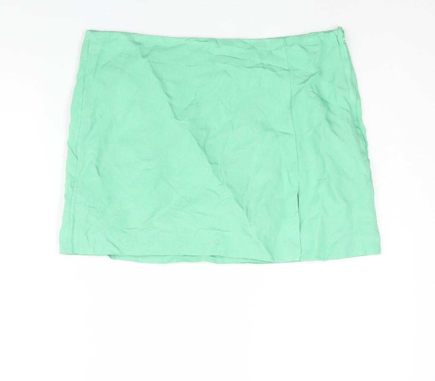 H&M Womens Green Viscose Mini Skirt Size 16 Zip - Front Slit