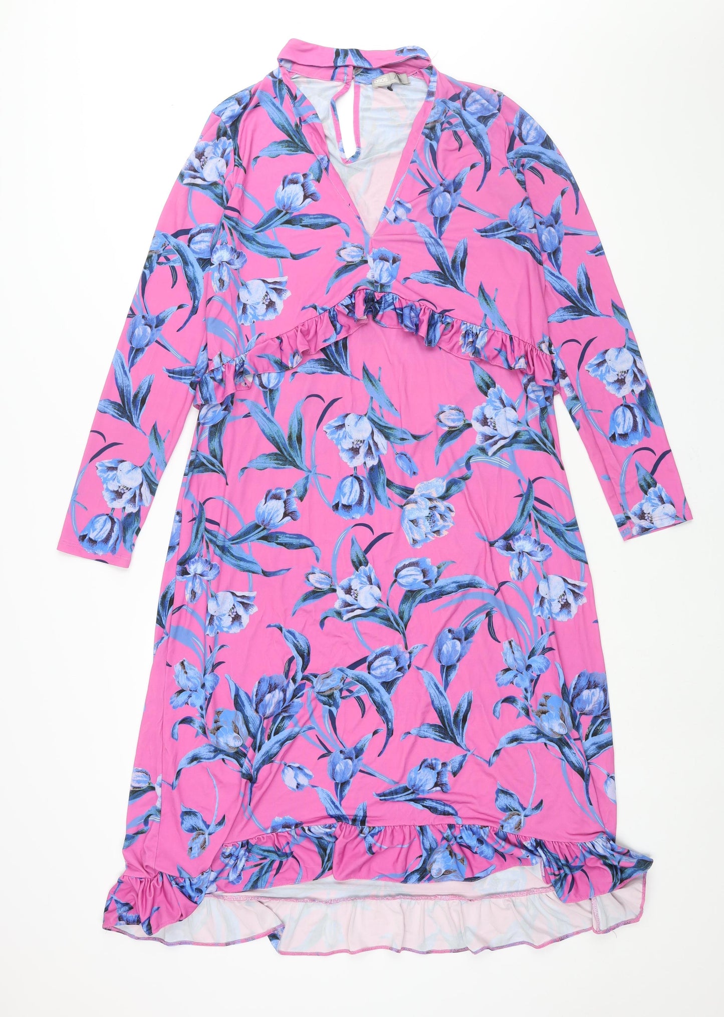 ASOS Womens Pink Floral Polyester Shift Size 10 Round Neck Button - Frill Keyhole V Neck