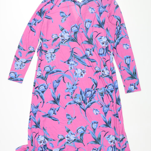 ASOS Womens Pink Floral Polyester Shift Size 10 Round Neck Button - Frill Keyhole V Neck