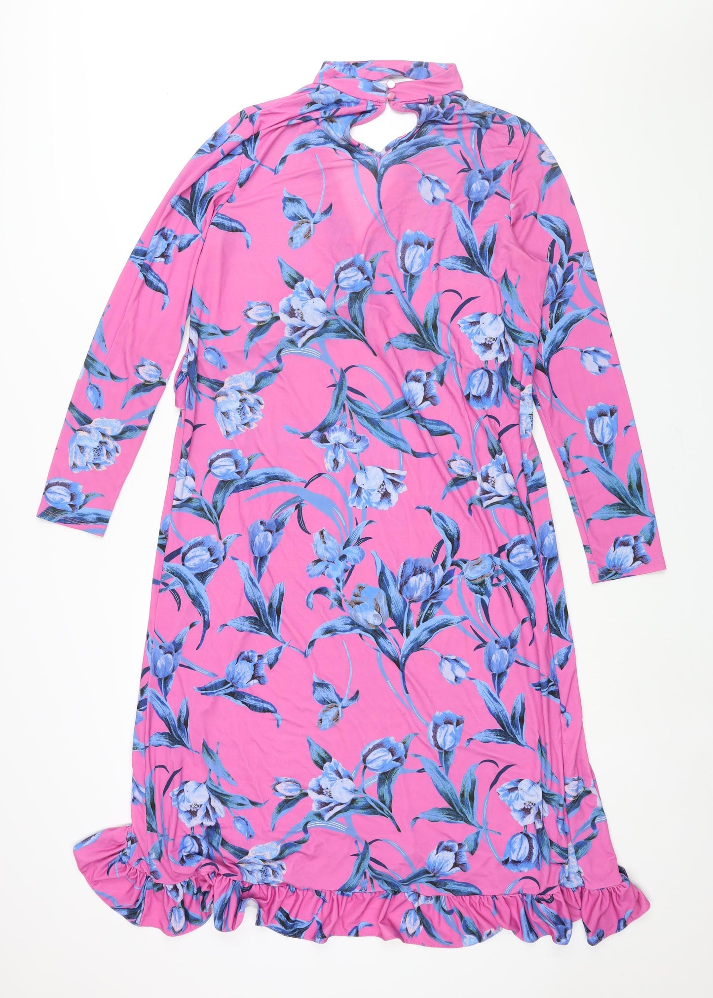 ASOS Womens Pink Floral Polyester Shift Size 10 Round Neck Button - Frill Keyhole V Neck