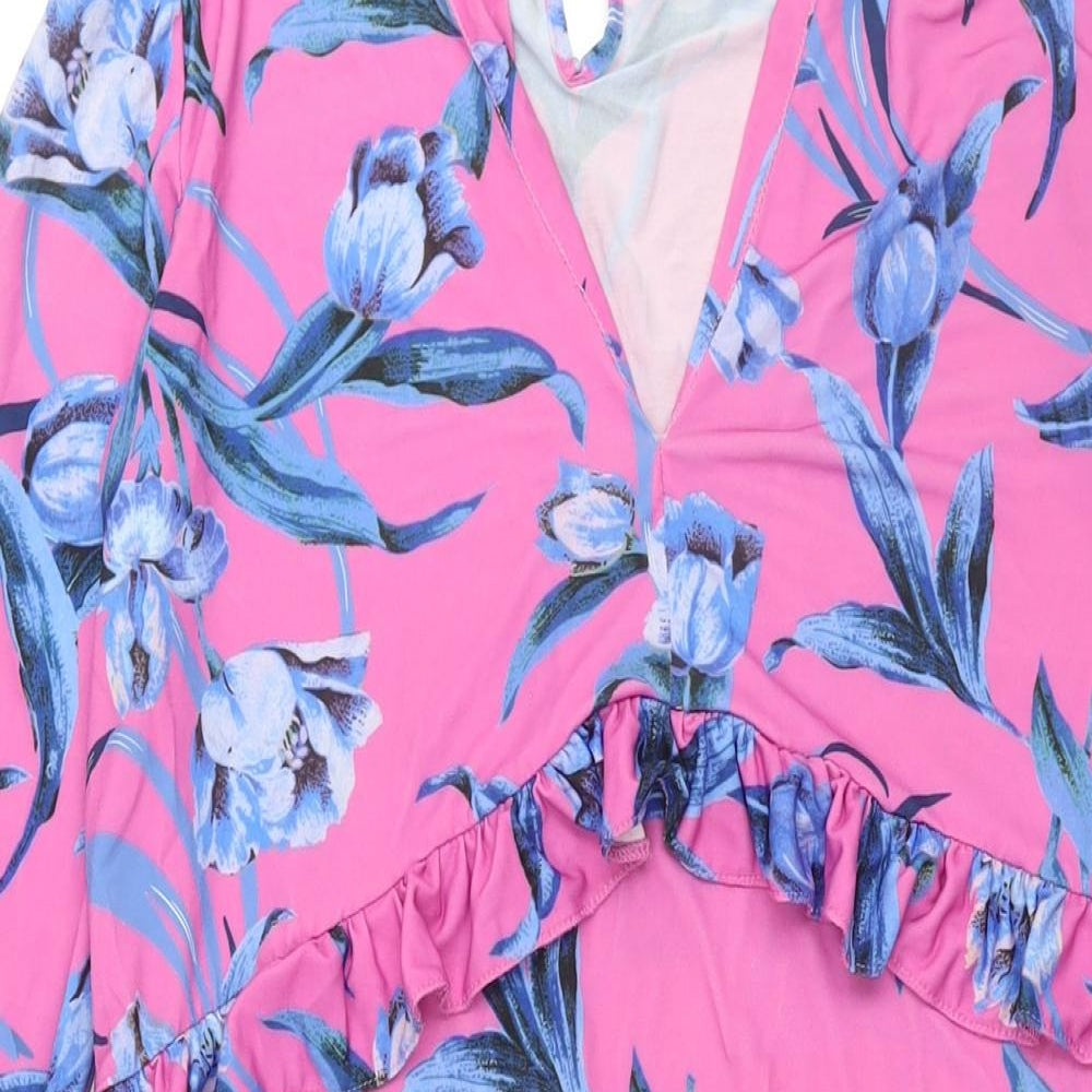 ASOS Womens Pink Floral Polyester Shift Size 10 Round Neck Button - Frill Keyhole V Neck