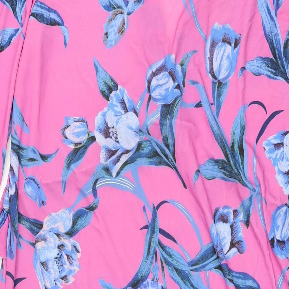 ASOS Womens Pink Floral Polyester Shift Size 10 Round Neck Button - Frill Keyhole V Neck