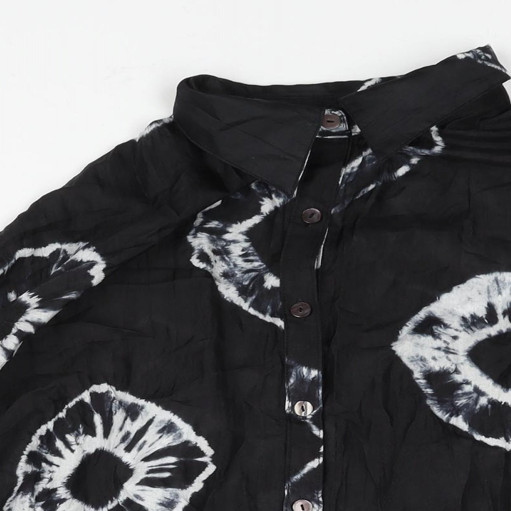 Bianco Levrin Womens Black Geometric Silk Basic Button-Up Size M Collared - Hi-Low Hem Tie Dye