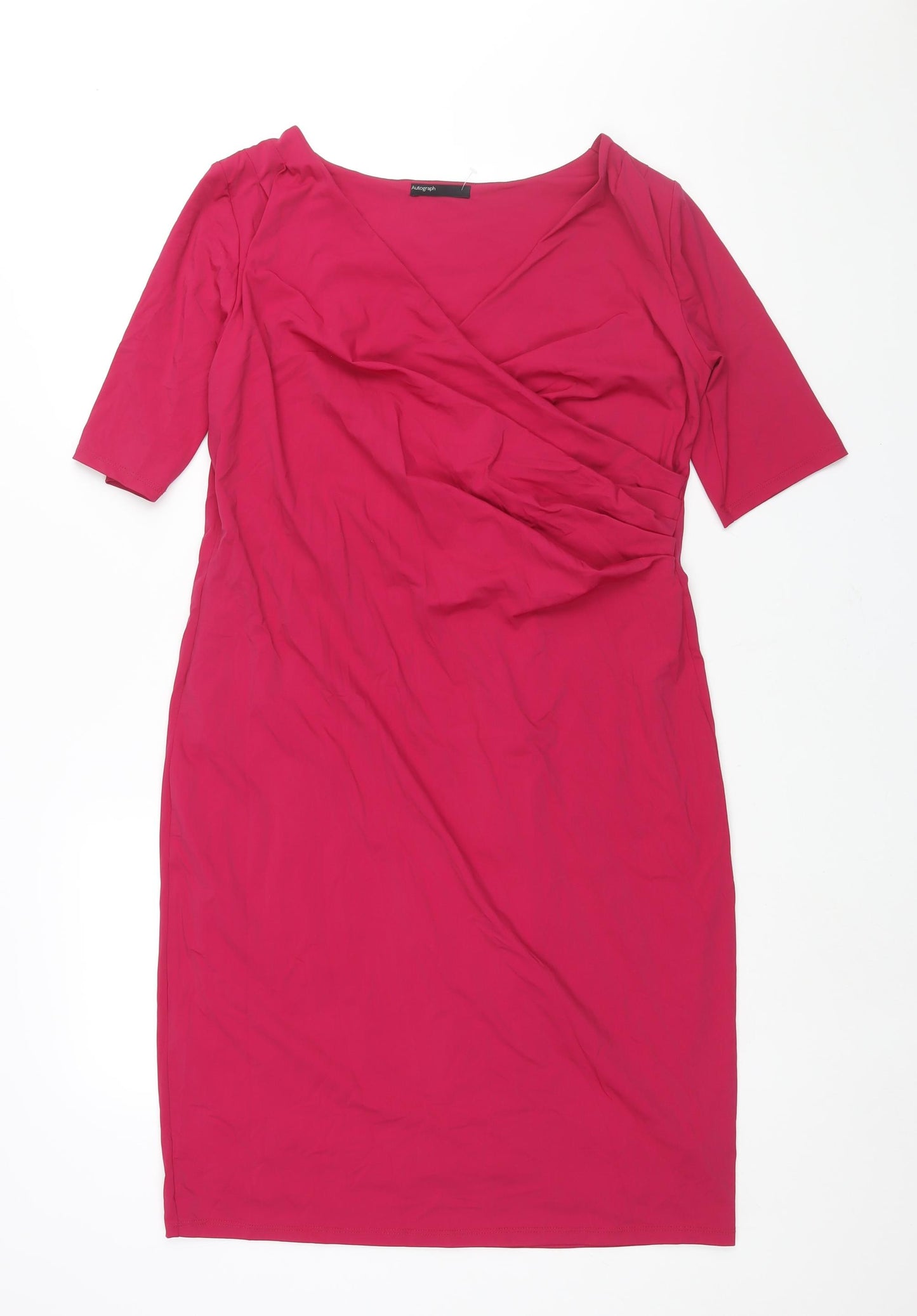 Autograph Womens Pink Polyamide Shift Size 14 V-Neck Pullover - Rouched