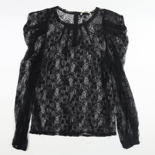 Oasis Womens Black Polyester Basic Blouse Size L Round Neck - Semi Sheer