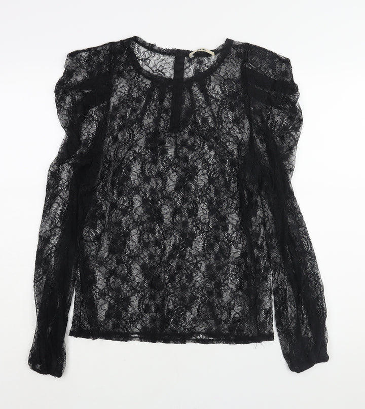 Oasis Womens Black Polyester Basic Blouse Size L Round Neck - Semi Sheer