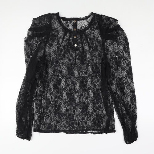 Oasis Womens Black Polyester Basic Blouse Size L Round Neck - Semi Sheer
