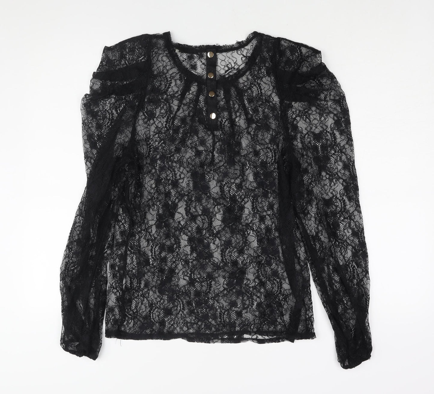 Oasis Womens Black Polyester Basic Blouse Size L Round Neck - Semi Sheer