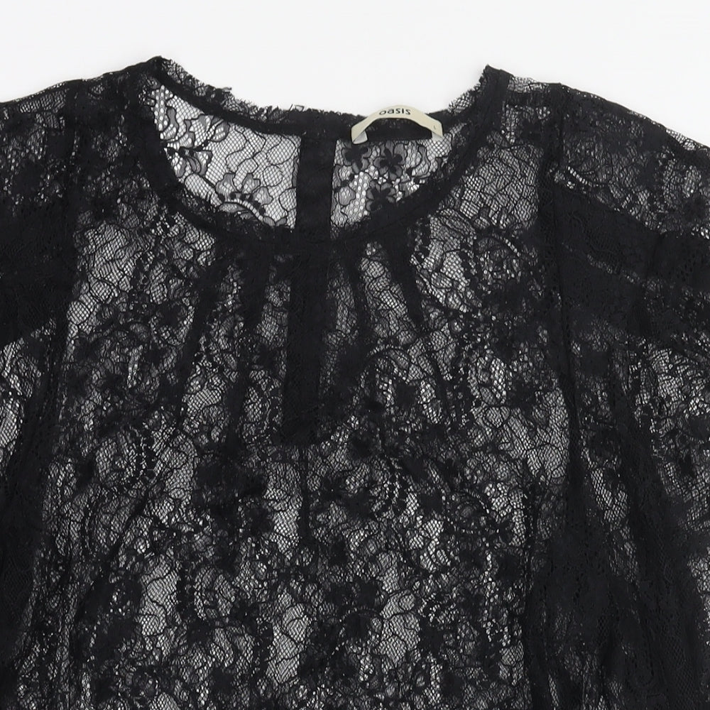 Oasis Womens Black Polyester Basic Blouse Size L Round Neck - Semi Sheer