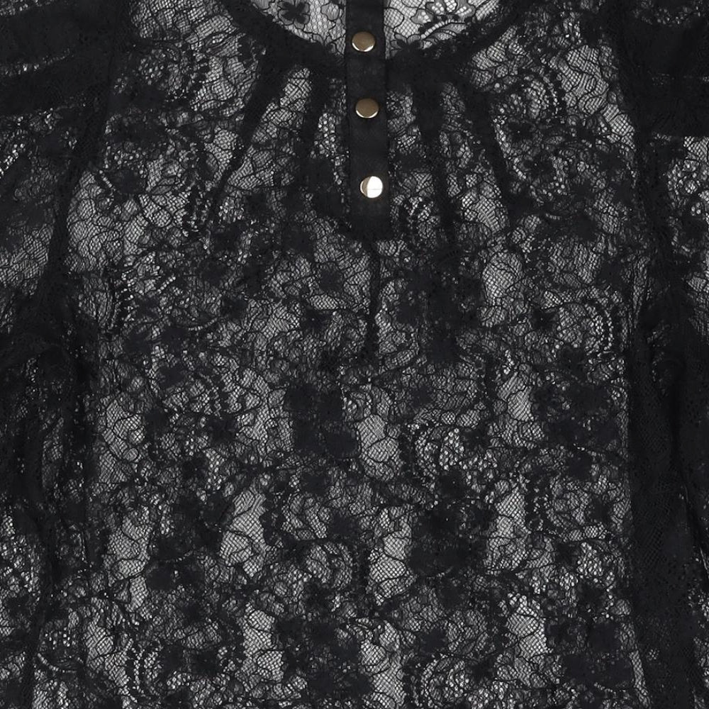 Oasis Womens Black Polyester Basic Blouse Size L Round Neck - Semi Sheer