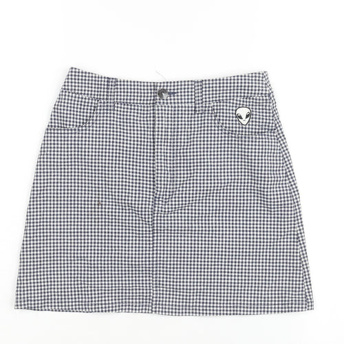 Pull&Bear Womens Blue Check Cotton A-Line Skirt Size S Zip - Embroidered Alien Detail