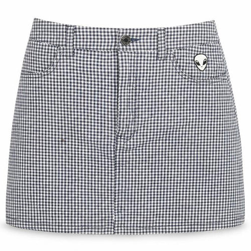 Pull&Bear Womens Blue Check Cotton A-Line Skirt Size S Zip - Embroidered Alien Detail