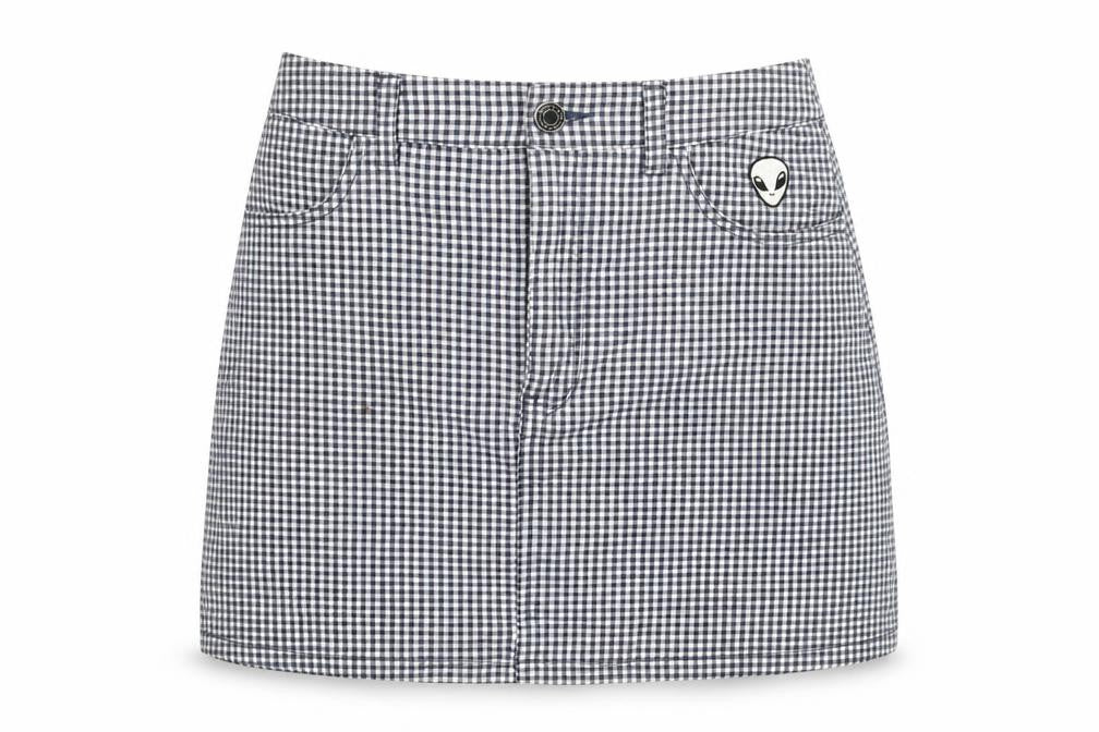 Pull&Bear Womens Blue Check Cotton A-Line Skirt Size S Zip - Embroidered Alien Detail