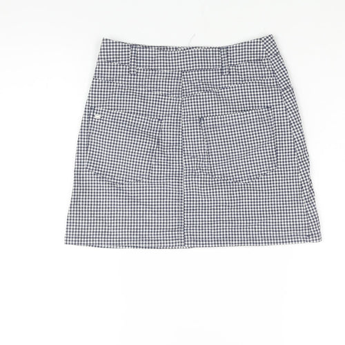 Pull&Bear Womens Blue Check Cotton A-Line Skirt Size S Zip - Embroidered Alien Detail