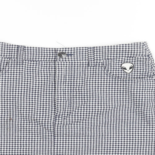 Pull&Bear Womens Blue Check Cotton A-Line Skirt Size S Zip - Embroidered Alien Detail