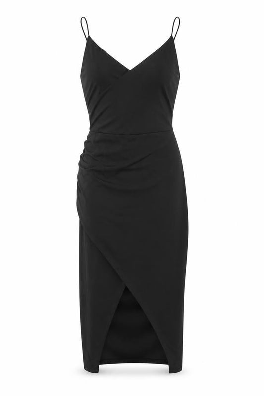 Front view of Club L women’s black polyester wrap dress, size UK 10, v-neck pullover - cowl back
