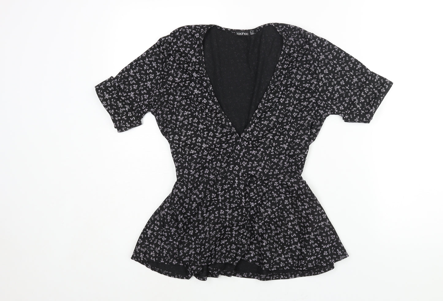 Boohoo Womens Black Floral Polyester Basic Blouse Size 14 V-Neck - Belted Peplum