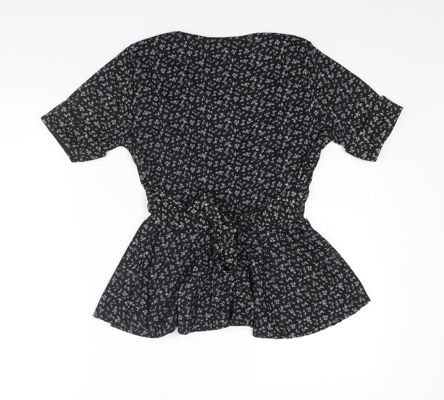 Boohoo Womens Black Floral Polyester Basic Blouse Size 14 V-Neck - Belted Peplum