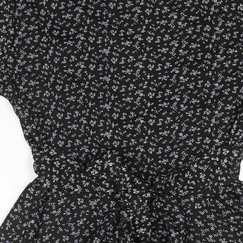 Boohoo Womens Black Floral Polyester Basic Blouse Size 14 V-Neck - Belted Peplum