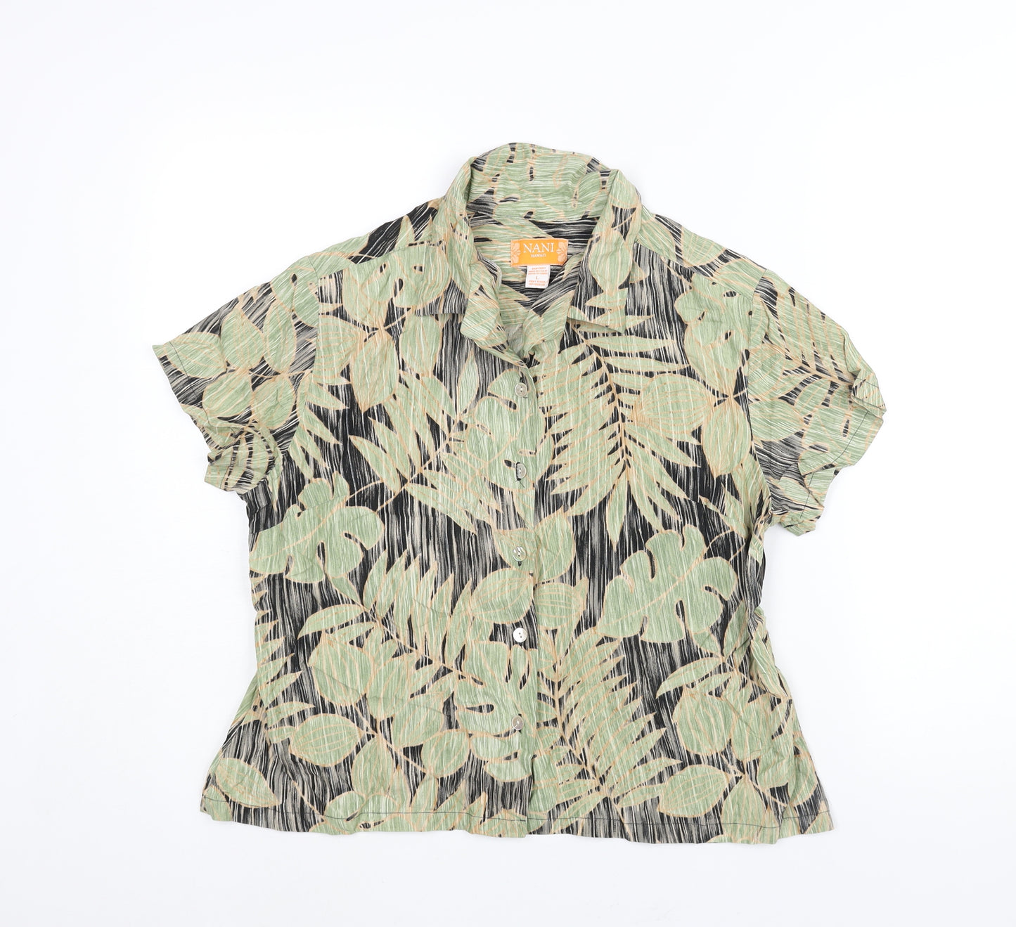 Nani Womens Green Geometric Viscose Basic Button-Up Size L Collared - Plant Print