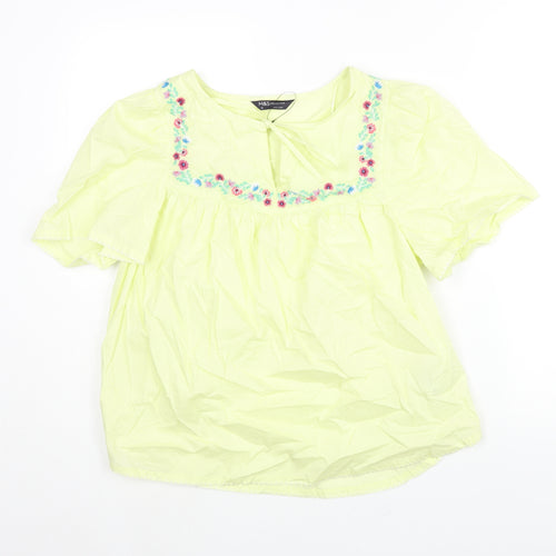 Marks and Spencer Womens Green Cotton Basic Blouse Size 10 Round Neck - Floral Embroidery