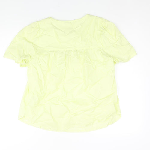 Marks and Spencer Womens Green Cotton Basic Blouse Size 10 Round Neck - Floral Embroidery