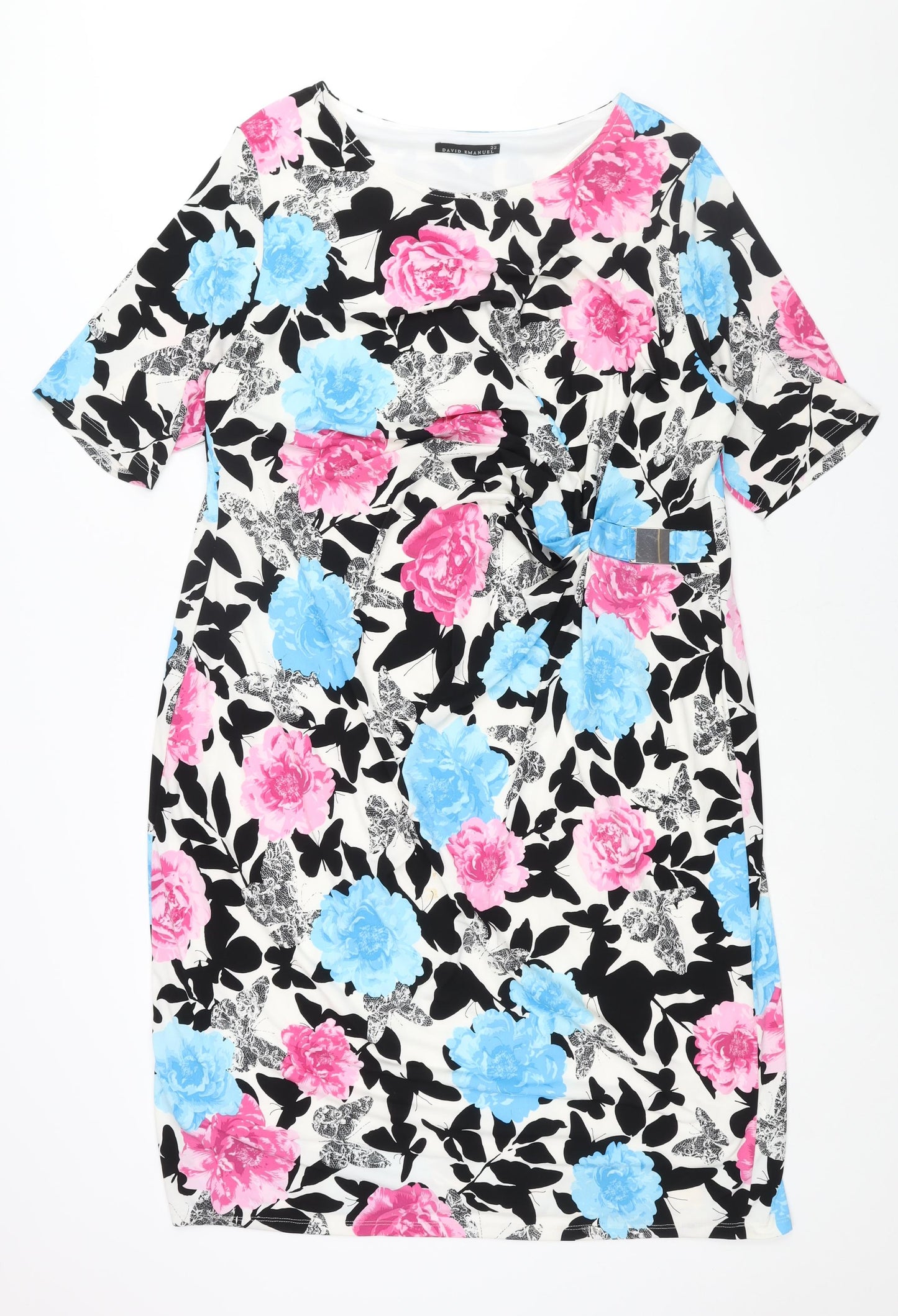 David Emanuel Womens Multicoloured Floral Polyester Shift Size 22 Round Neck Pullover - Rouched Buckle Detail