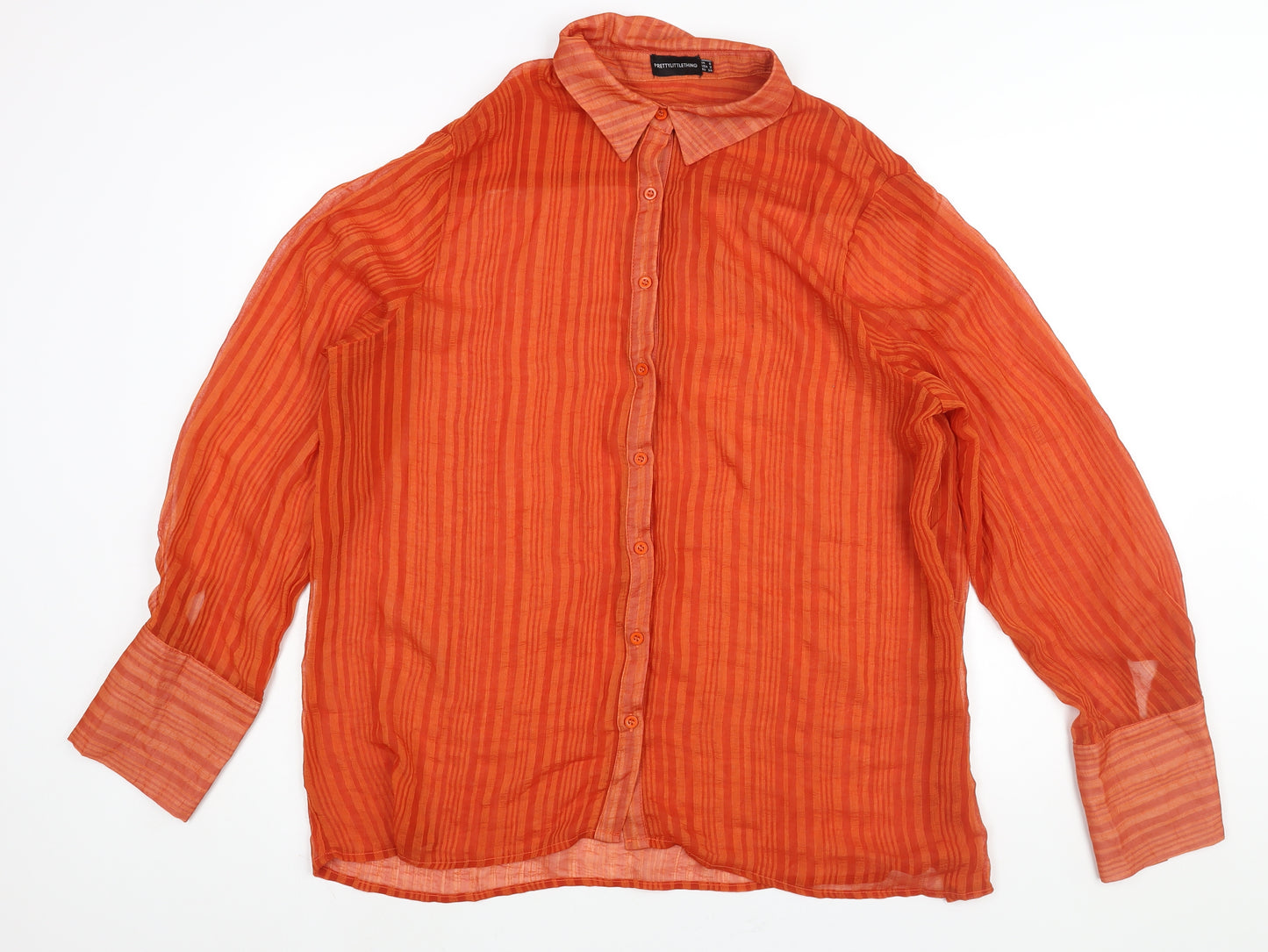 PRETTYLITTLETHING Womens Orange Striped Polyester Basic Button-Up Size 6 Collared - Semi Sheer Oversized