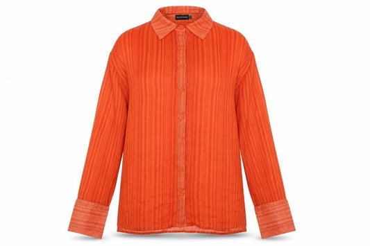 Front view of PRETTYLITTLETHING women’s orange striped polyester basic button-up, size UK 6, collared - semi sheer oversized