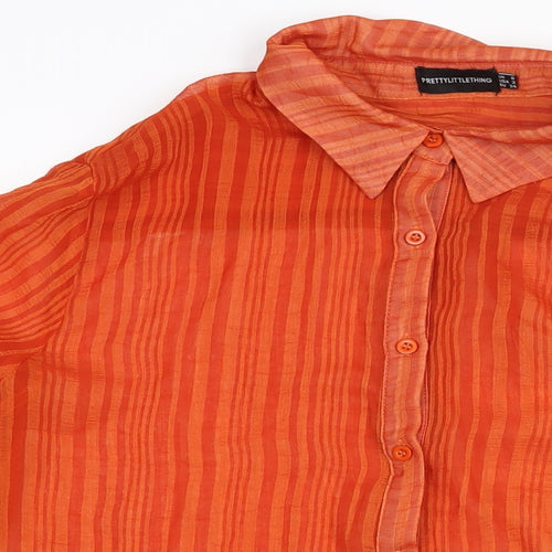 PRETTYLITTLETHING Womens Orange Striped Polyester Basic Button-Up Size 6 Collared - Semi Sheer Oversized