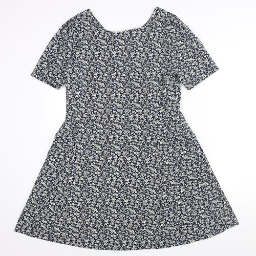 NEXT Womens Blue Floral Polyester A-Line Size 16 V-Neck Pullover
