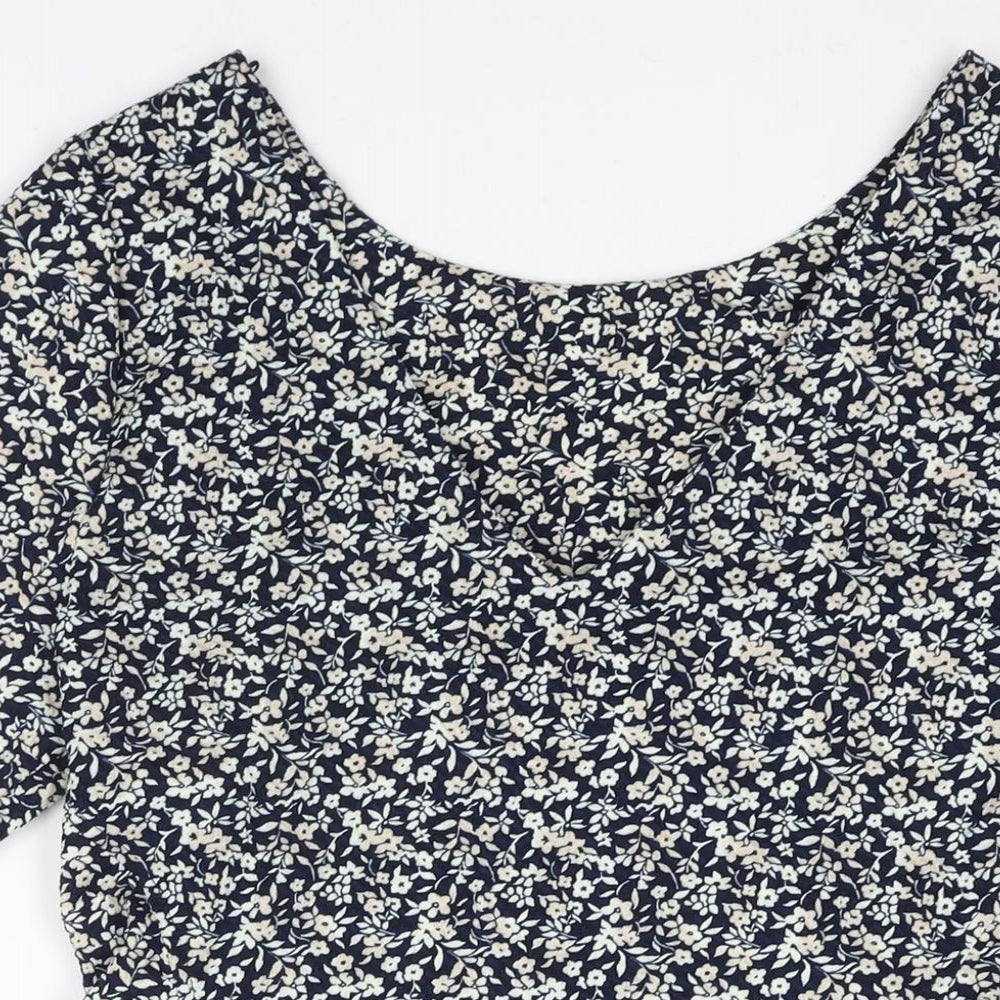 NEXT Womens Blue Floral Polyester A-Line Size 16 V-Neck Pullover