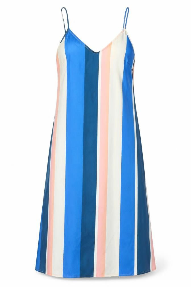 Front view of H&M women’s multicoloured striped polyester slip dress, size S, v-neck tie