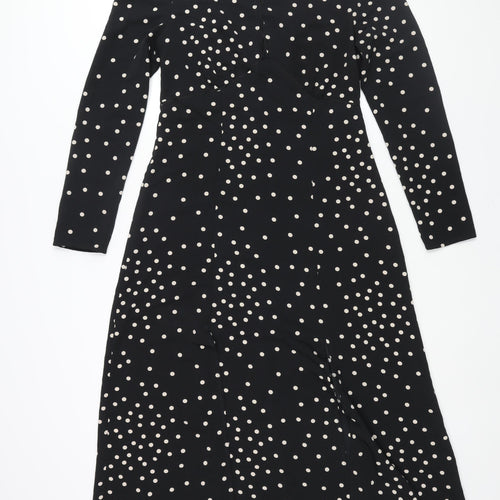 Topshop Womens Black Polka Dot Polyester Shift Size 10 Round Neck Button - Front Slits Keyhole Neck