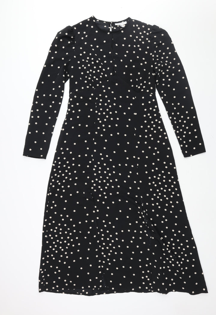 Topshop Womens Black Polka Dot Polyester Shift Size 10 Round Neck Button - Front Slits Keyhole Neck