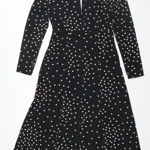 Topshop Womens Black Polka Dot Polyester Shift Size 10 Round Neck Button - Front Slits Keyhole Neck
