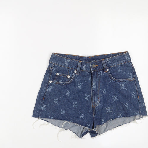 H&M Womens Blue Geometric Cotton Basic Shorts Size 8 Regular Zip - Love