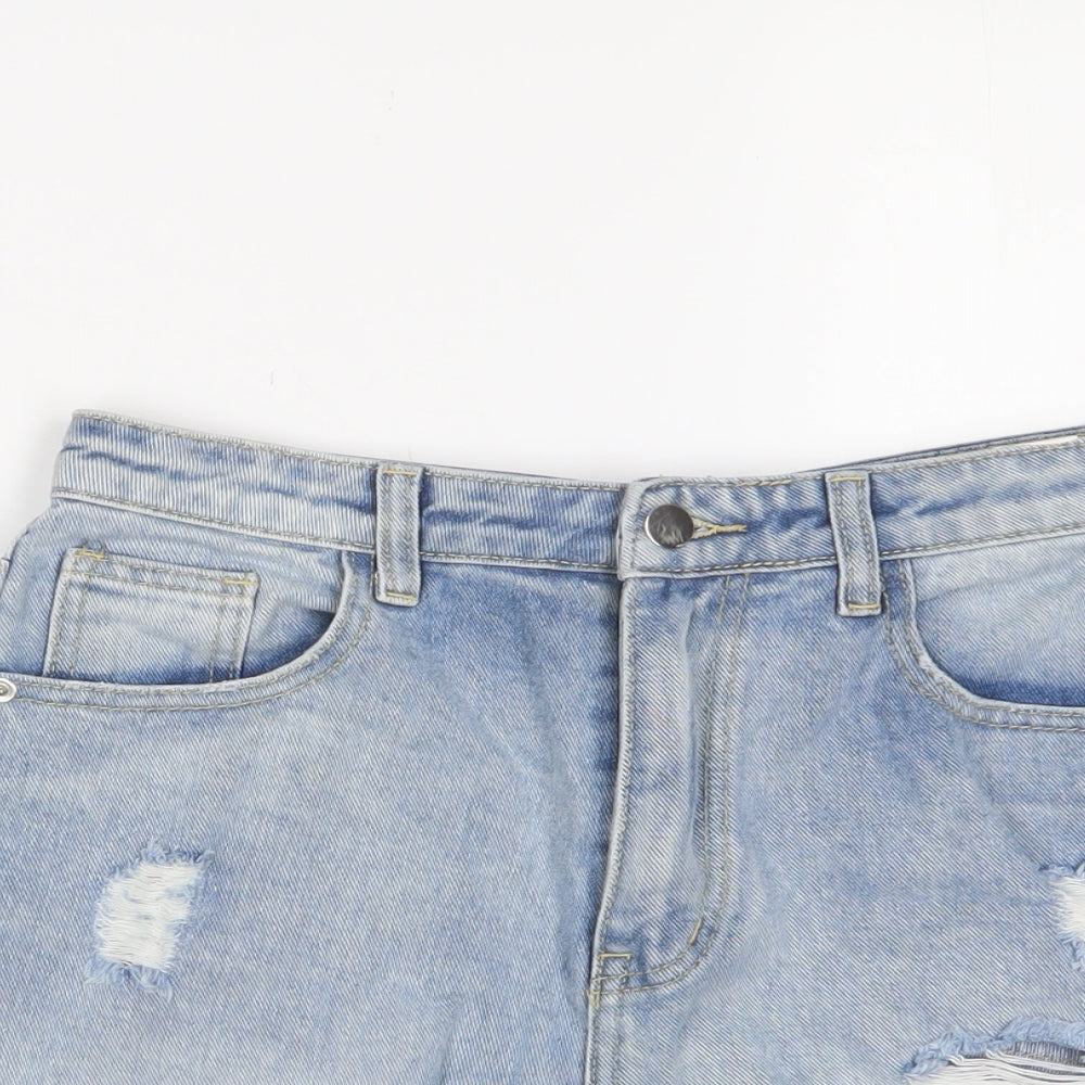 PRETTYLITTLETHING Womens Blue Cotton Basic Shorts Size 8 L3 in Regular Zip - Distressed