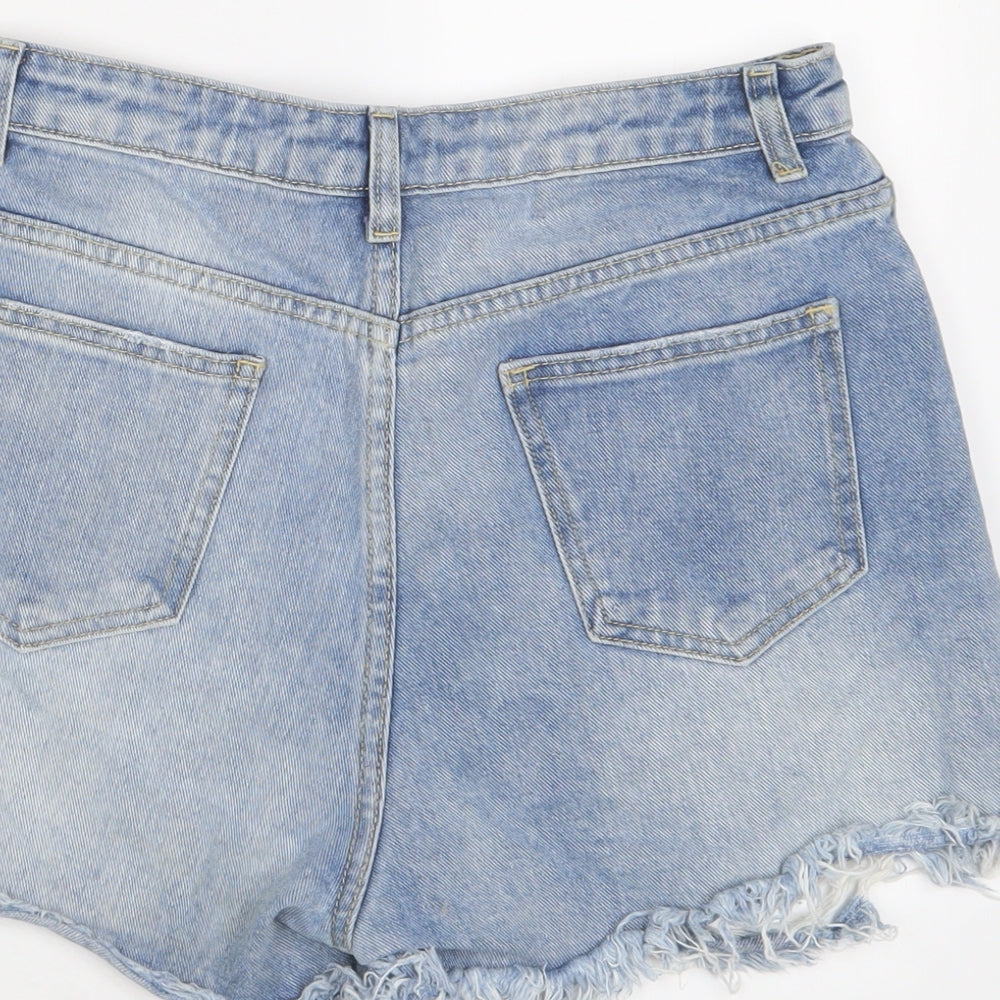 PRETTYLITTLETHING Womens Blue Cotton Basic Shorts Size 8 L3 in Regular Zip - Distressed