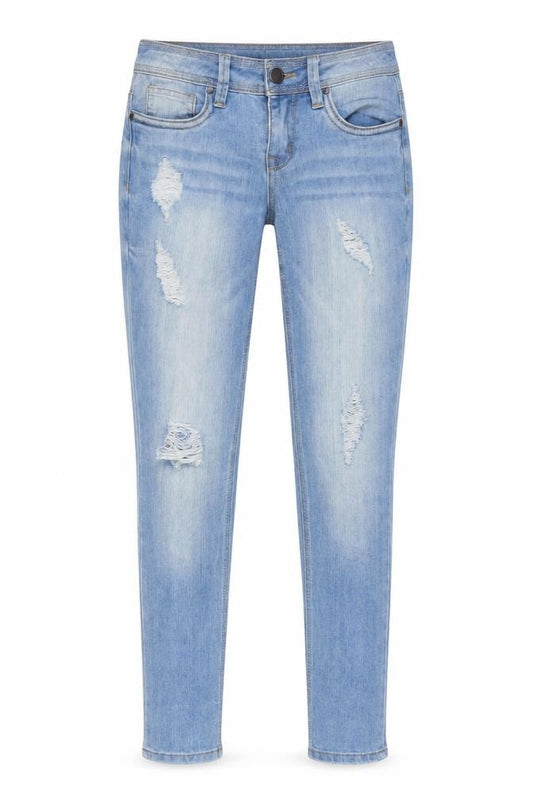 Front view of Dollhouse women’s blue cotton skinny jeans, size UK 28, in, 28-inch leg regular zip